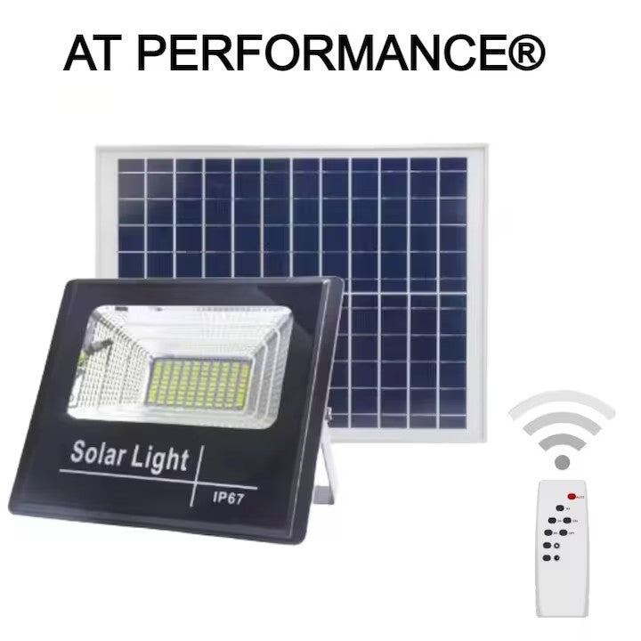Proiector LED/Lampa solara de exterior AT PERFORMANCE®, Rezistent la Apa IP67, cu Panou Solar, 220 LED SMD, 100W, Senzor de lumina, Timer, cu Telecomanda, 2 moduri de iluminat, kit montaj inclus, Lumina Rece.
